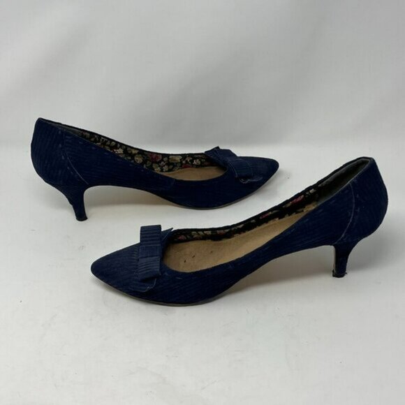Seychelles women's Apostrophe blue corduroy kitten heel pumps 11 shoes bow - Picture 5 of 10
